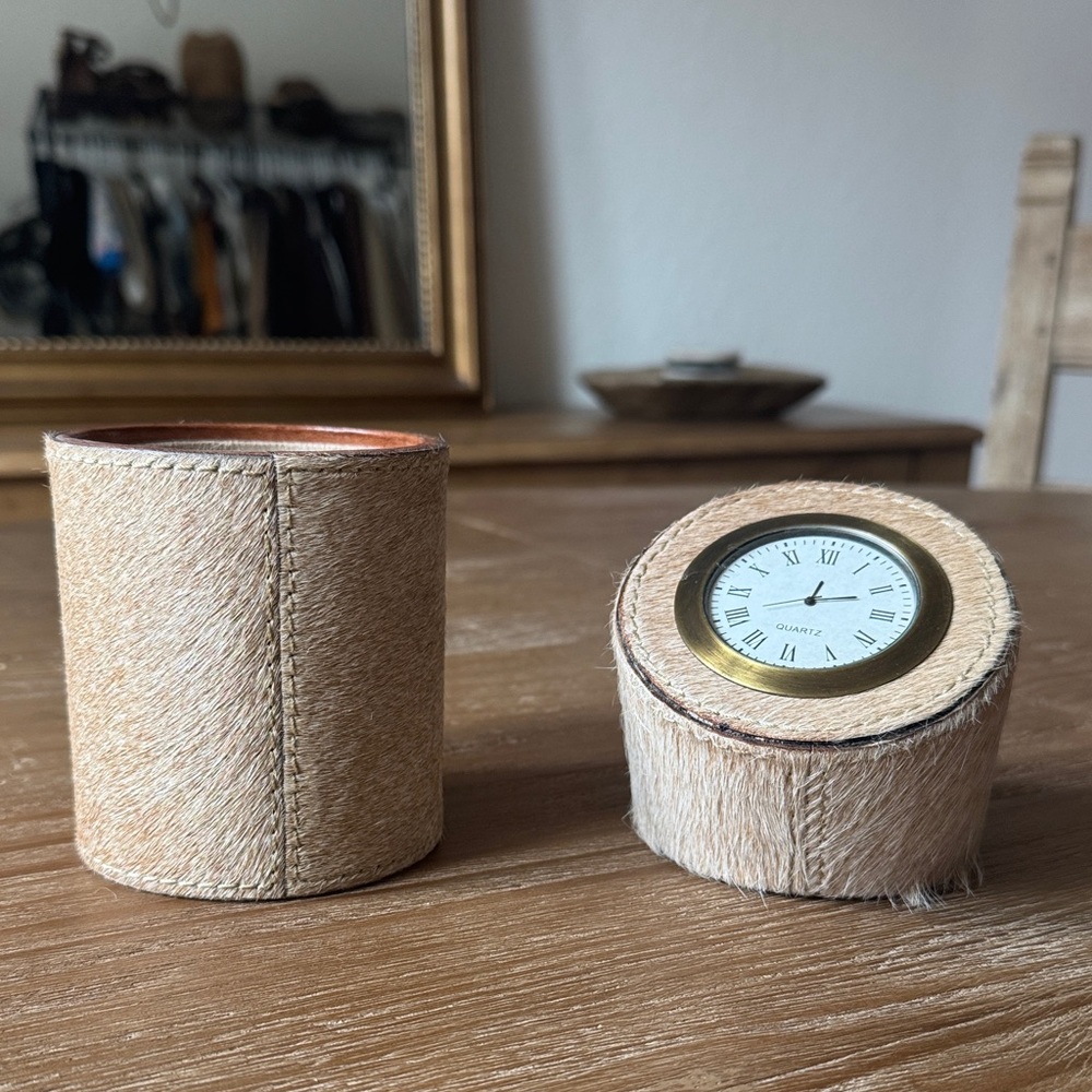 Arhaus Tan Hair-On Hide Desk Clock and Pen Holder Set